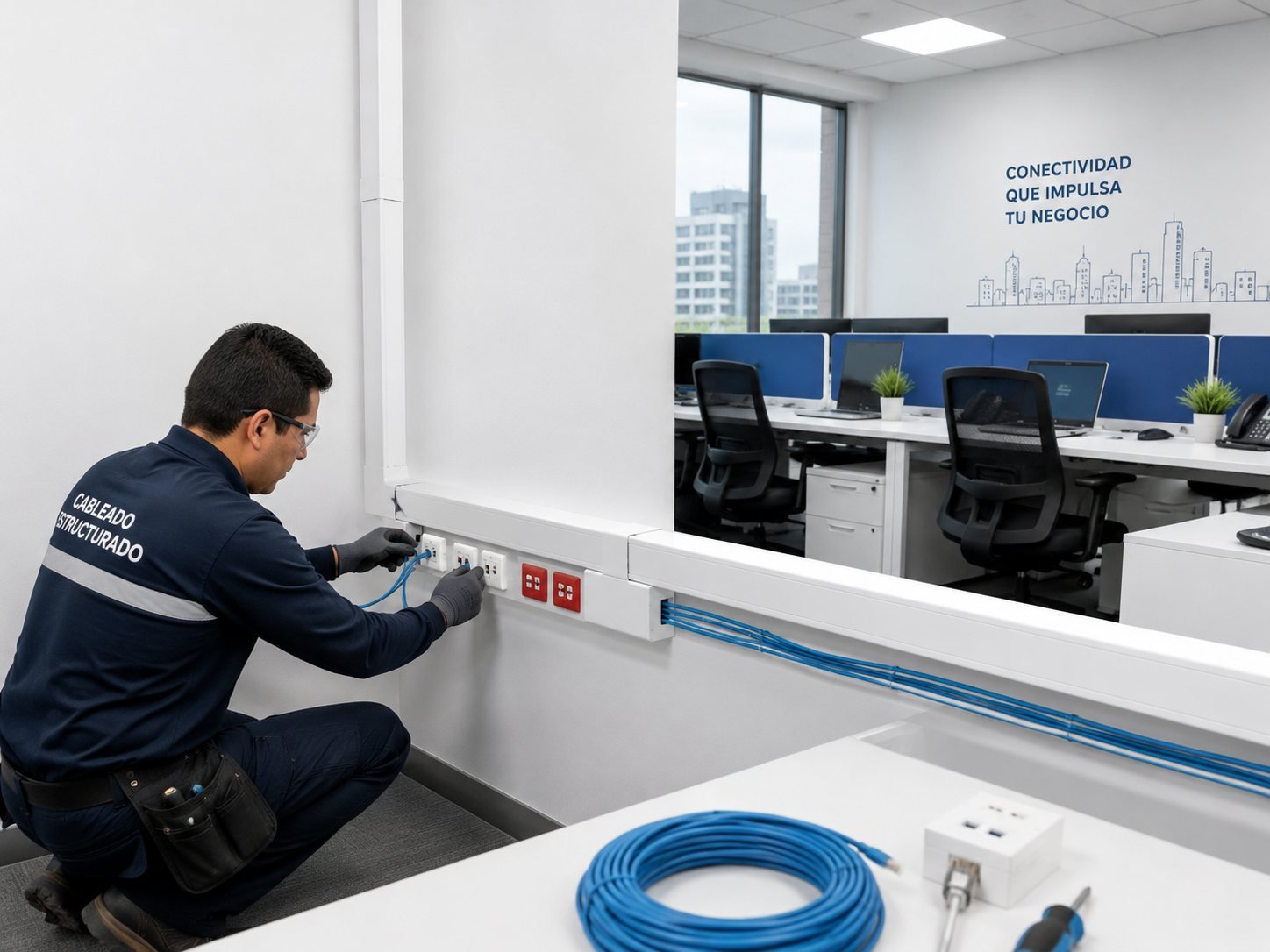Técnico validando puntos de red