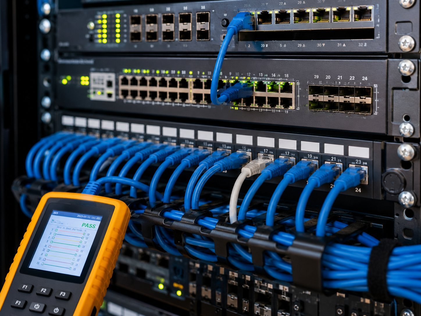 Pruebas de red en rack de comunicaciones