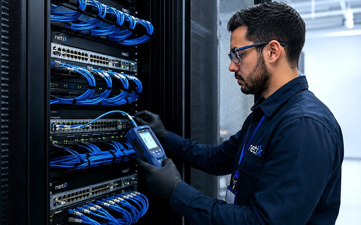Técnico validando conectividad en rack de comunicaciones