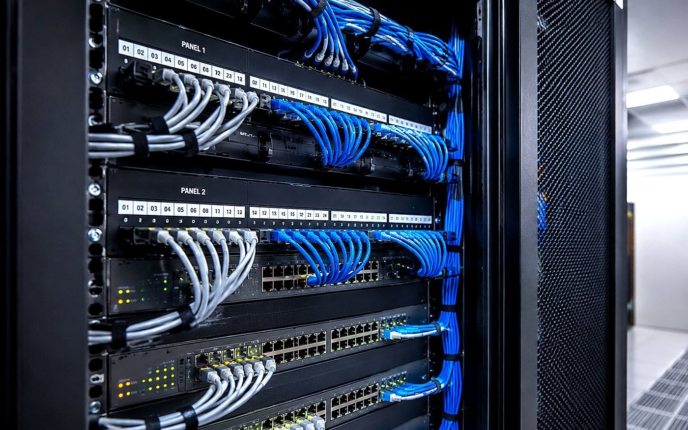 Rack con patch panels y cableado estructurado ordenado